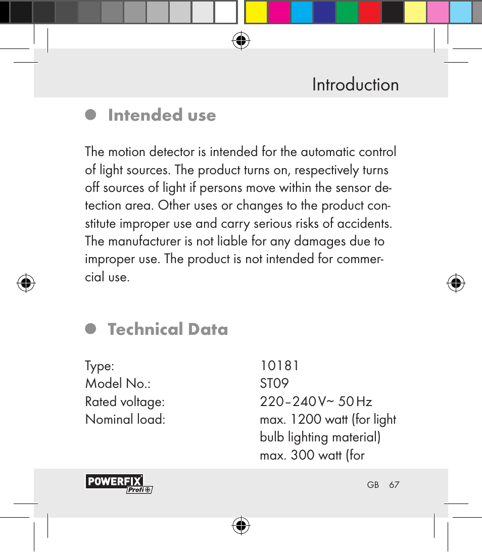 Introduction, Intended use, Technical data | Powerfix Motion Sensor User Manual | Page 67 / 85