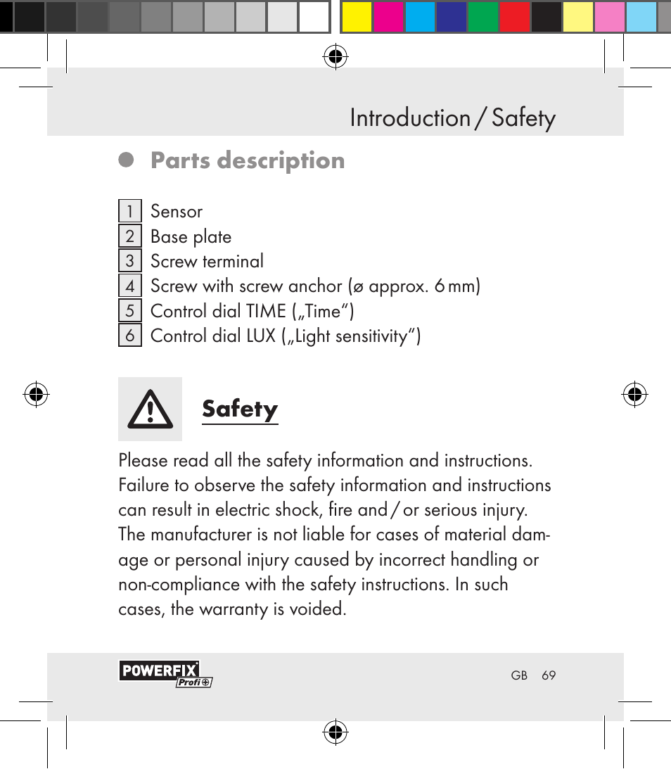 Introduction / safety introduction, Parts description, Safety | Powerfix Motion Sensor User Manual | Page 69 / 85