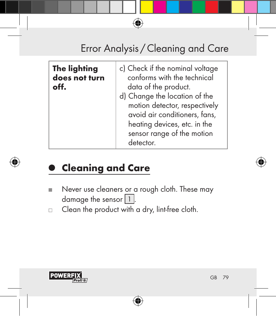 Error analysis / cleaning and care error analysis, Cleaning and care | Powerfix Motion Sensor User Manual | Page 79 / 85