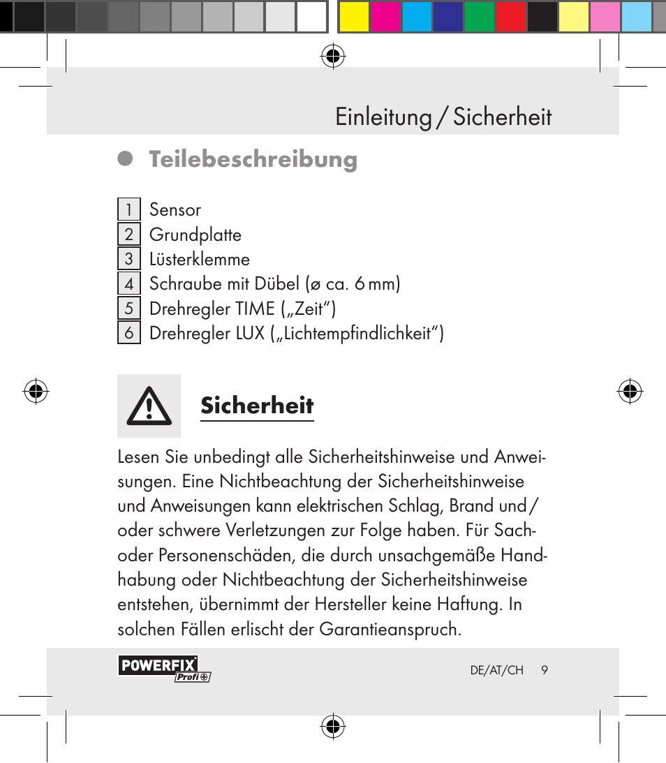 Einleitung / sicherheit einleitung, Teilebeschreibung, Sicherheit | Powerfix Motion Sensor User Manual | Page 9 / 85