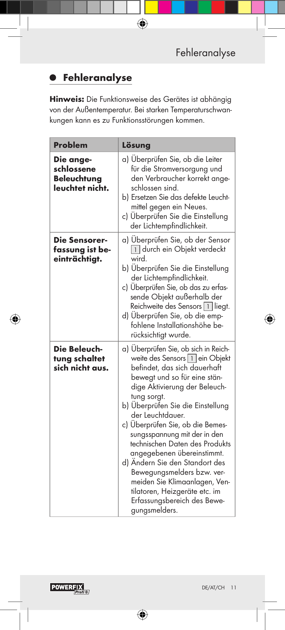 Fehleranalyse inbetriebnahme, Fehleranalyse | Powerfix Motion Sensor User Manual | Page 11 / 45