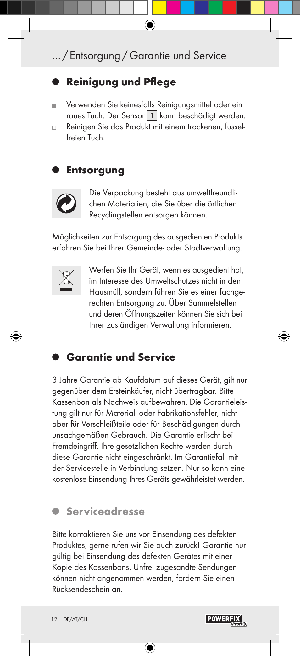 Reinigung und pflege, Entsorgung, Garantie und service | Serviceadresse | Powerfix Motion Sensor User Manual | Page 12 / 45