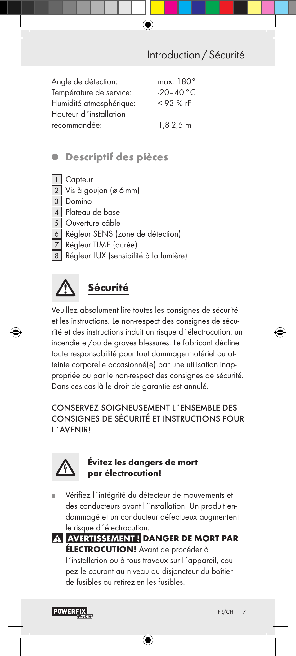 Introduction / sécurité introduction, Descriptif des pièces, Sécurité | Powerfix Motion Sensor User Manual | Page 17 / 45