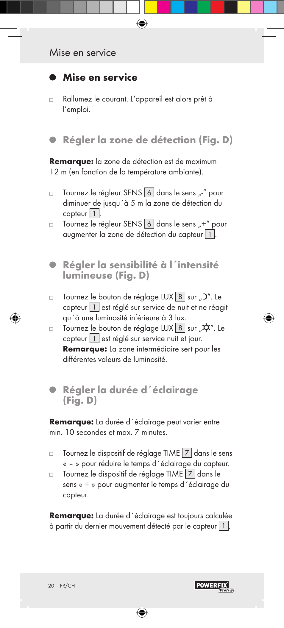 Analyse de pannes mise en service, Mise en service, Régler la zone de détection (fig. d) | Régler la durée d´éclairage (fig. d) | Powerfix Motion Sensor User Manual | Page 20 / 45