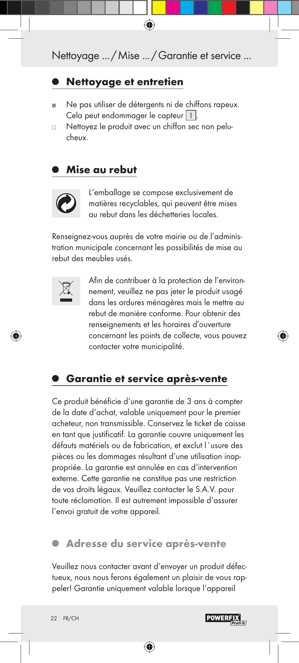 Nettoyage et entretien, Mise au rebut, Garantie et service après-vente | Adresse du service après-vente | Powerfix Motion Sensor User Manual | Page 22 / 45