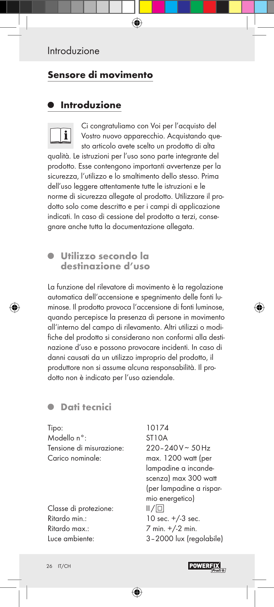 Introduzione / sicurezza introduzione, Sensore di movimento introduzione, Utilizzo secondo la destinazione d’uso | Dati tecnici | Powerfix Motion Sensor User Manual | Page 26 / 45