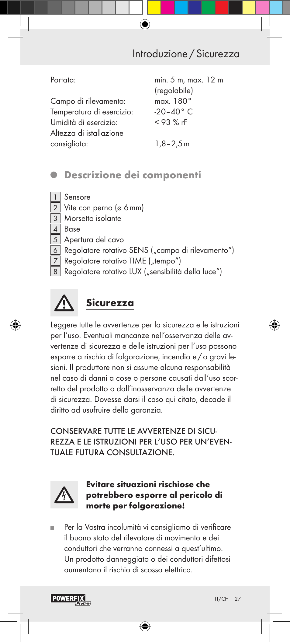 Introduzione / sicurezza introduzione, Descrizione dei componenti, Sicurezza | Powerfix Motion Sensor User Manual | Page 27 / 45