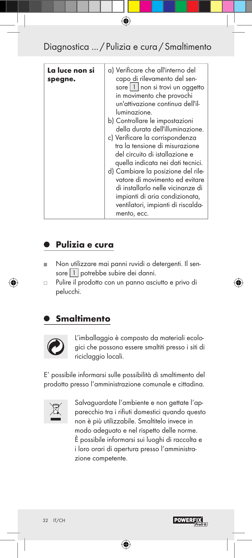 Pulizia e cura, Smaltimento | Powerfix Motion Sensor User Manual | Page 32 / 45