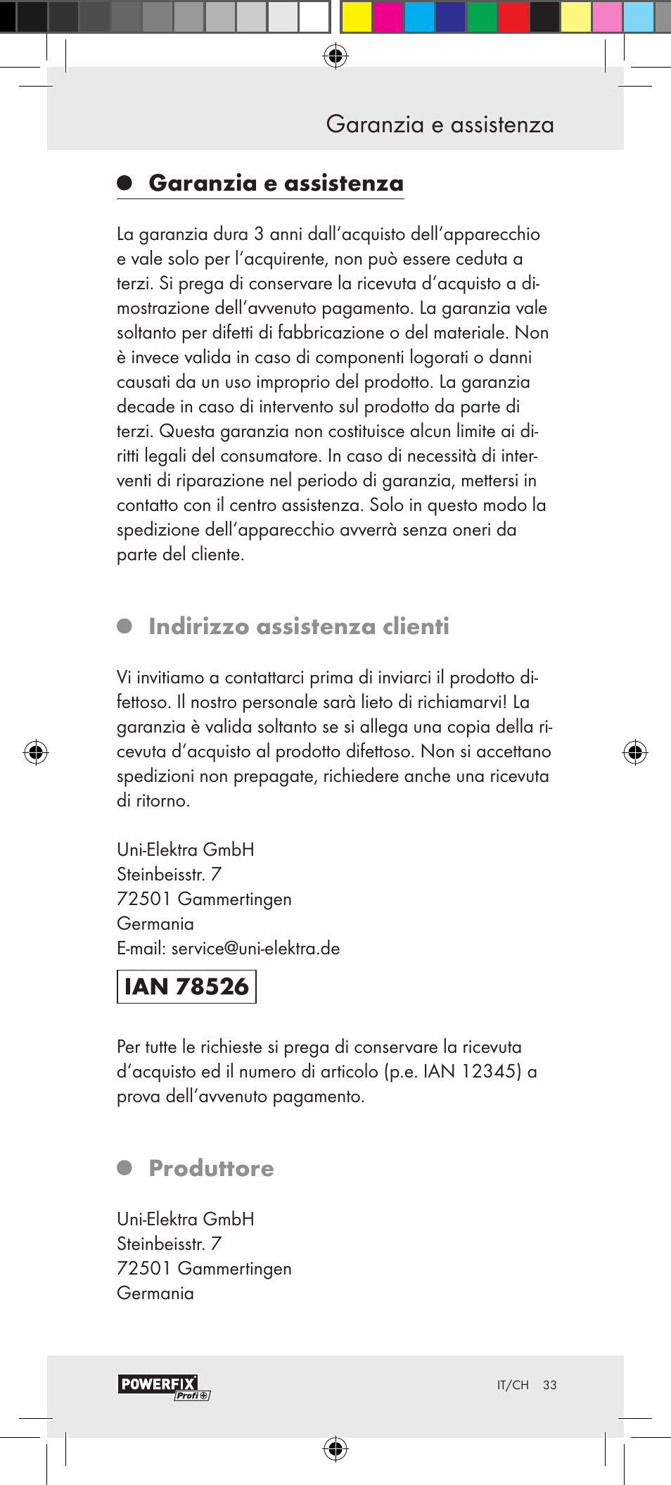 Garanzia e assistenza, Indirizzo assistenza clienti, Produttore | Powerfix Motion Sensor User Manual | Page 33 / 45