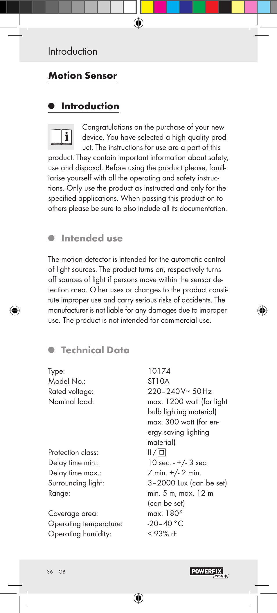 Introduction / safety introduction, Motion sensor introduction, Intended use | Technical data | Powerfix Motion Sensor User Manual | Page 36 / 45