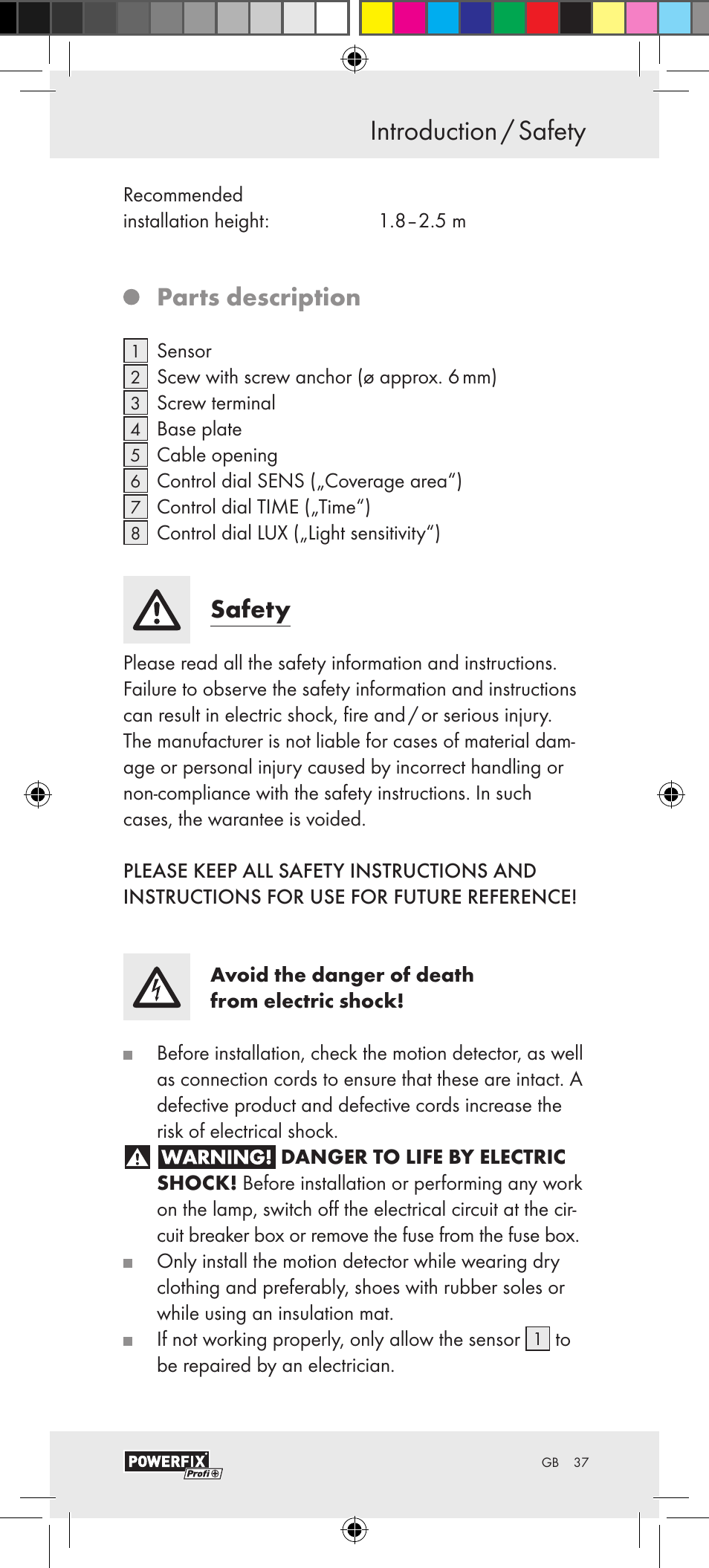 Introduction / safety introduction, Parts description, Safety | Powerfix Motion Sensor User Manual | Page 37 / 45