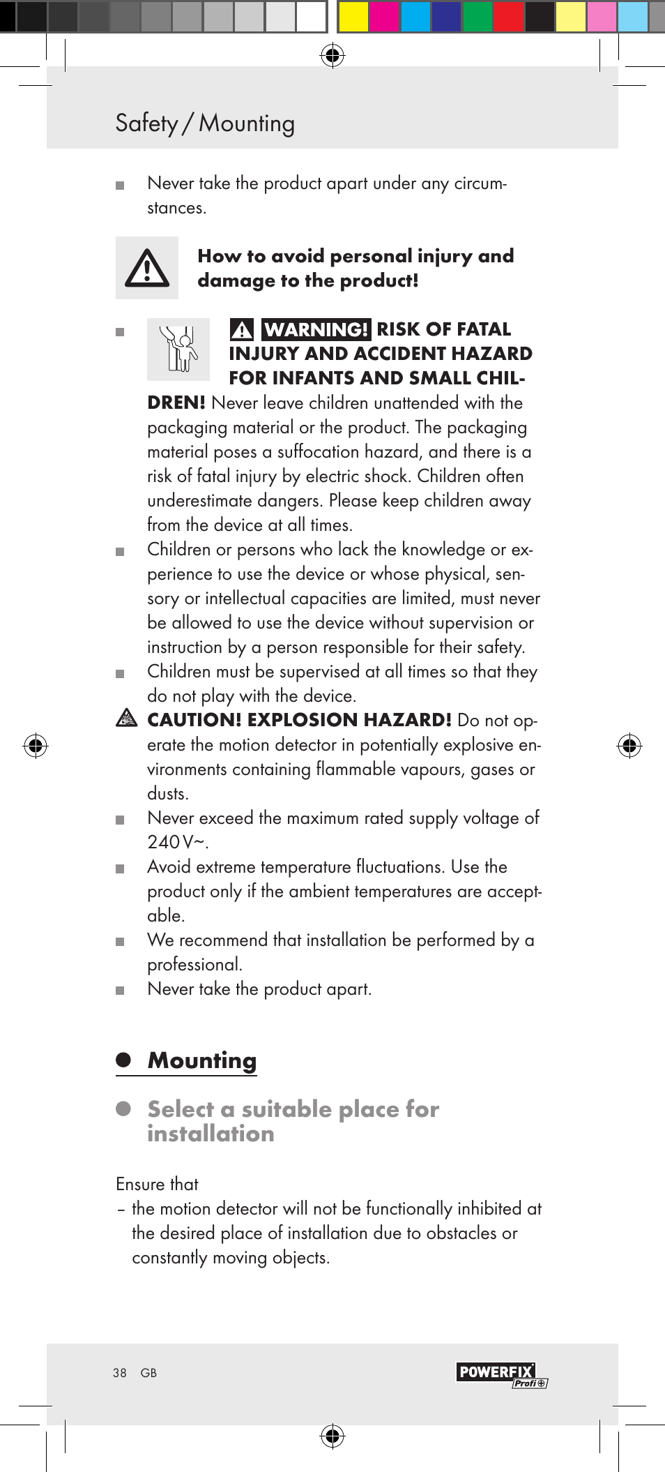 Mounting / start-up safety / mounting, Mounting select a suitable place for installation | Powerfix Motion Sensor User Manual | Page 38 / 45