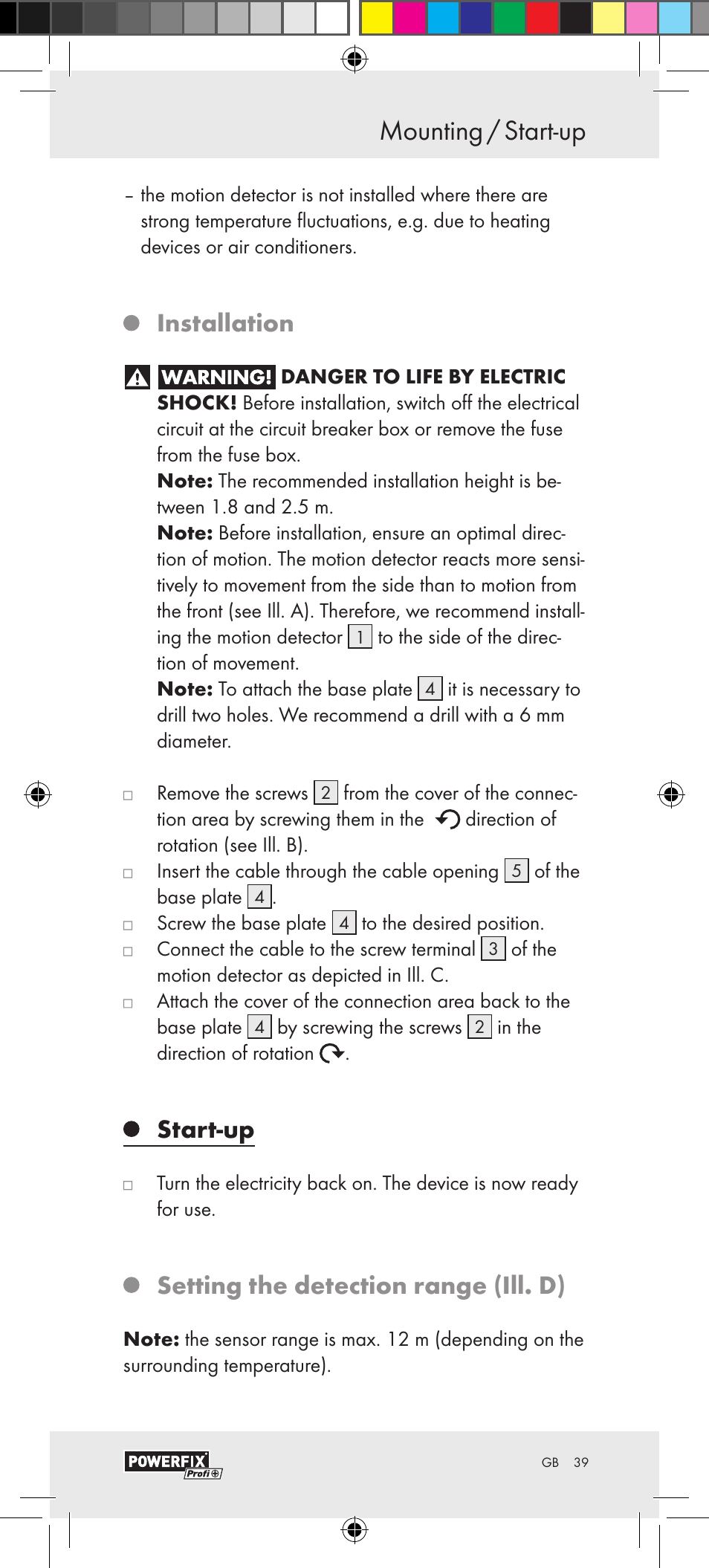 Mounting / start-up safety / mounting, Installation, Start-up | Setting the detection range (ill. d) | Powerfix Motion Sensor User Manual | Page 39 / 45