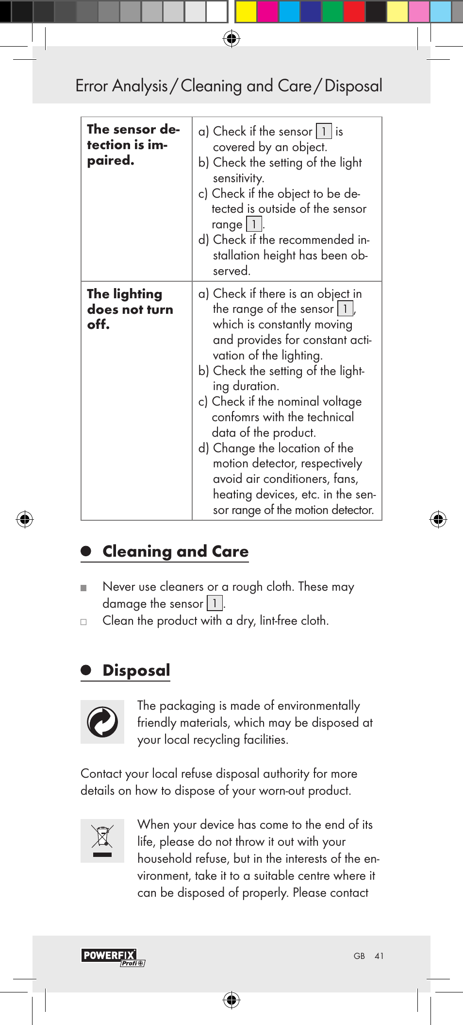 Cleaning and care, Disposal | Powerfix Motion Sensor User Manual | Page 41 / 45