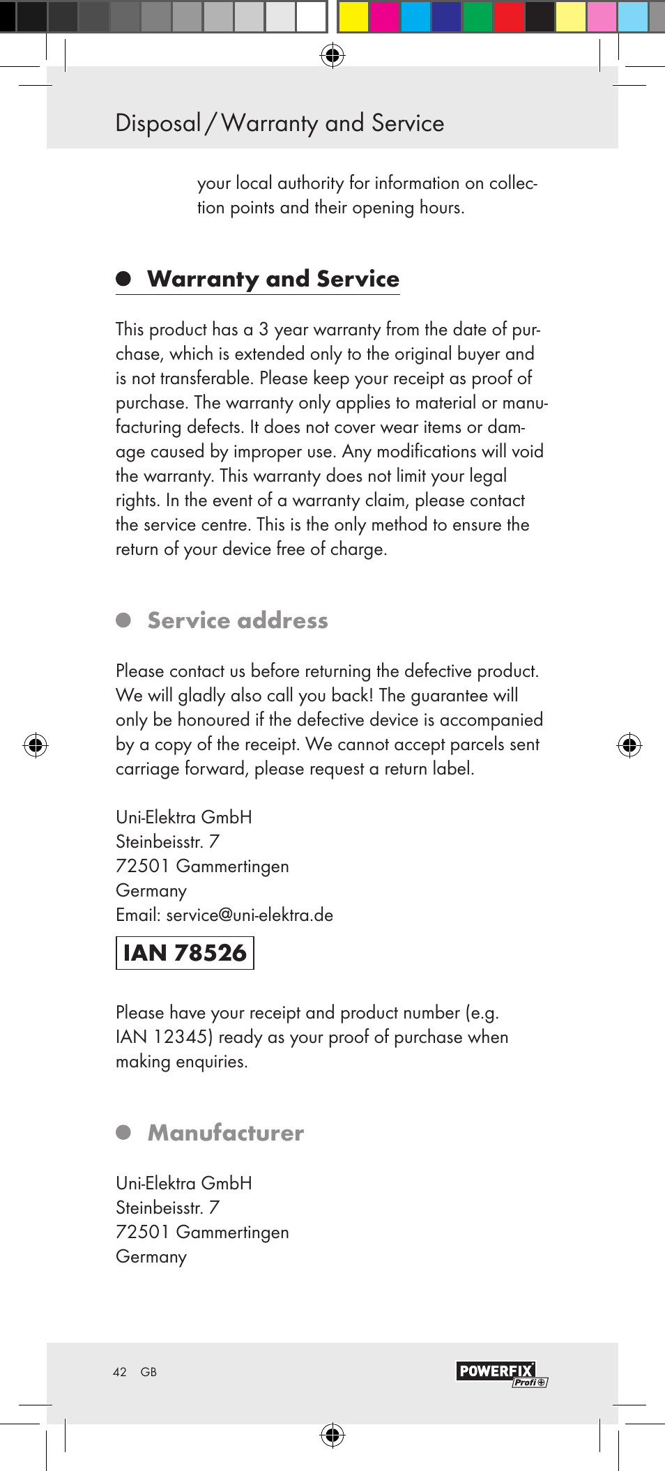 Disposal / warranty and service, Warranty and service, Service address | Manufacturer | Powerfix Motion Sensor User Manual | Page 42 / 45