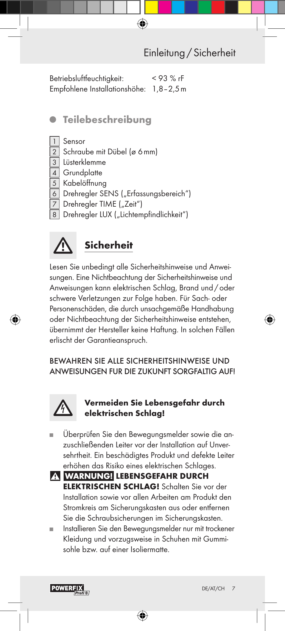 Einleitung / sicherheit einleitung, Teilebeschreibung, Sicherheit | Powerfix Motion Sensor User Manual | Page 7 / 45