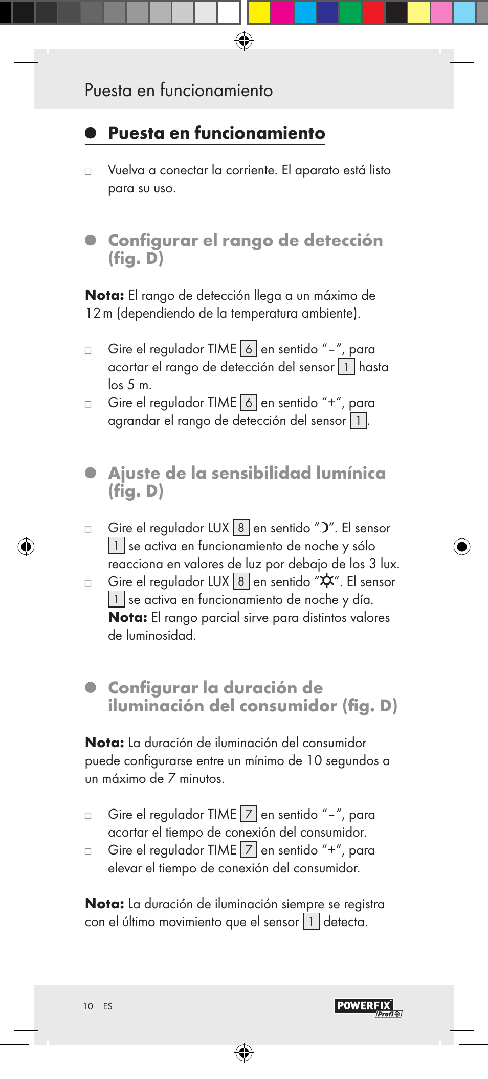 Análisis de errores puesta en funcionamiento, Puesta en funcionamiento, Configurar el rango de detección (fig. d) | Ajuste de la sensibilidad lumínica (fig. d) | Powerfix Motion Sensor User Manual | Page 10 / 53