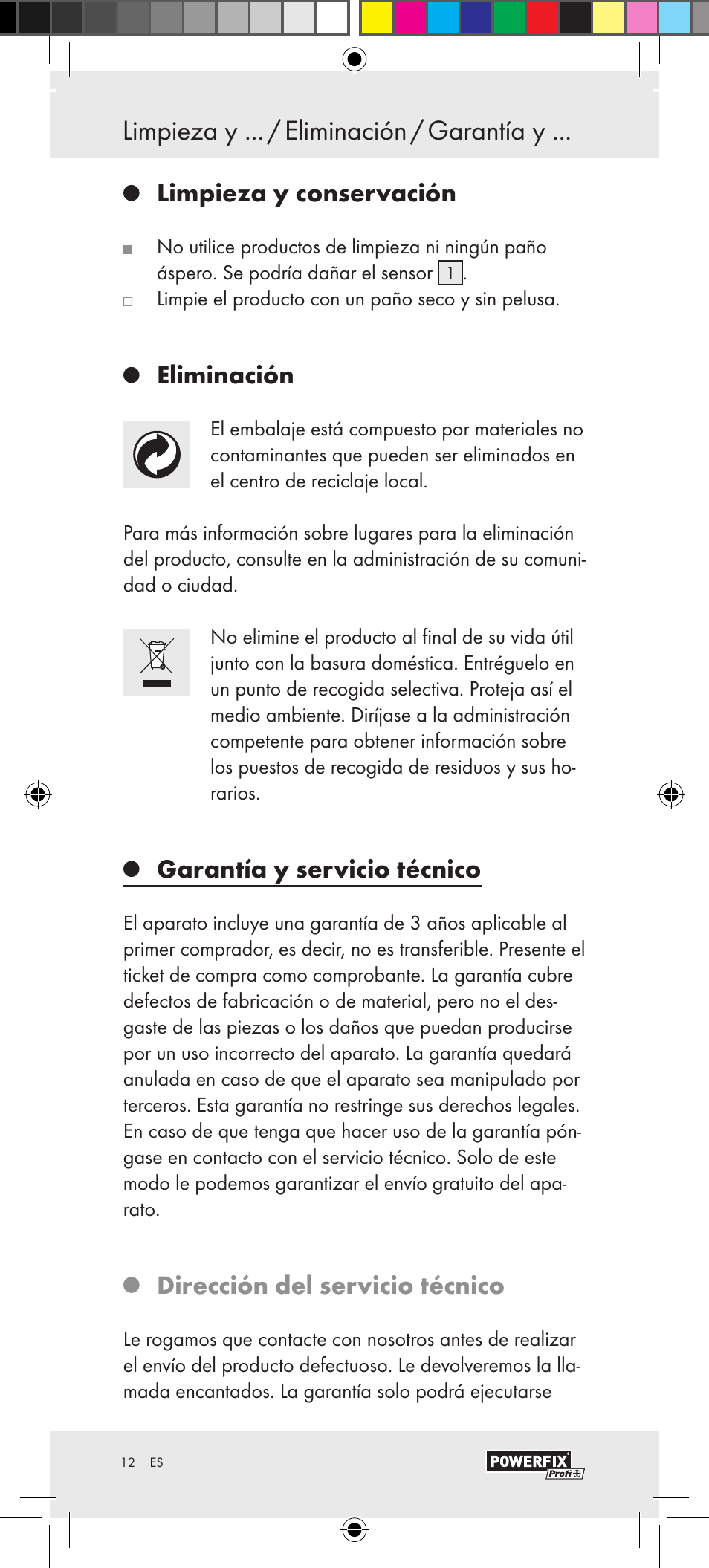 Limpieza y conservación, Eliminación, Garantía y servicio técnico | Dirección del servicio técnico | Powerfix Motion Sensor User Manual | Page 12 / 53