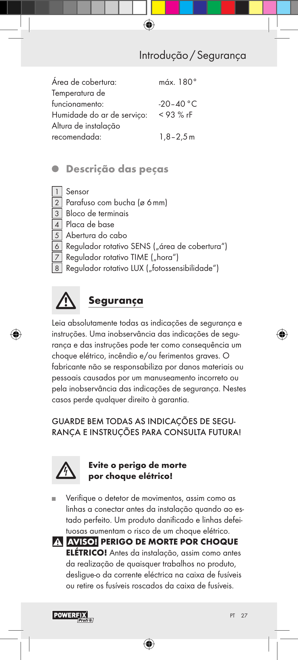 Introdução / segurança introdução, Descrição das peças, Segurança | Powerfix Motion Sensor User Manual | Page 27 / 53