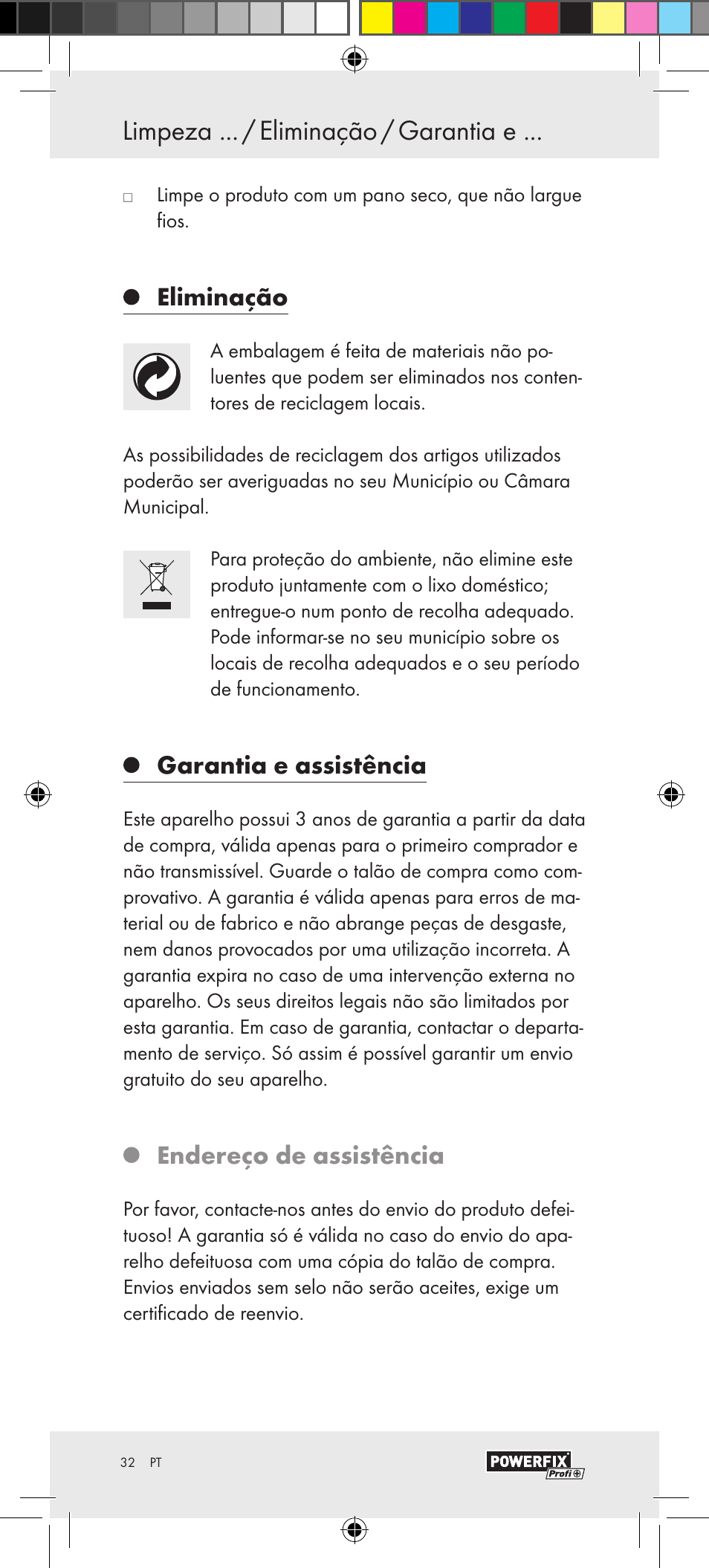 Eliminação, Garantia e assistência, Endereço de assistência | Powerfix Motion Sensor User Manual | Page 32 / 53