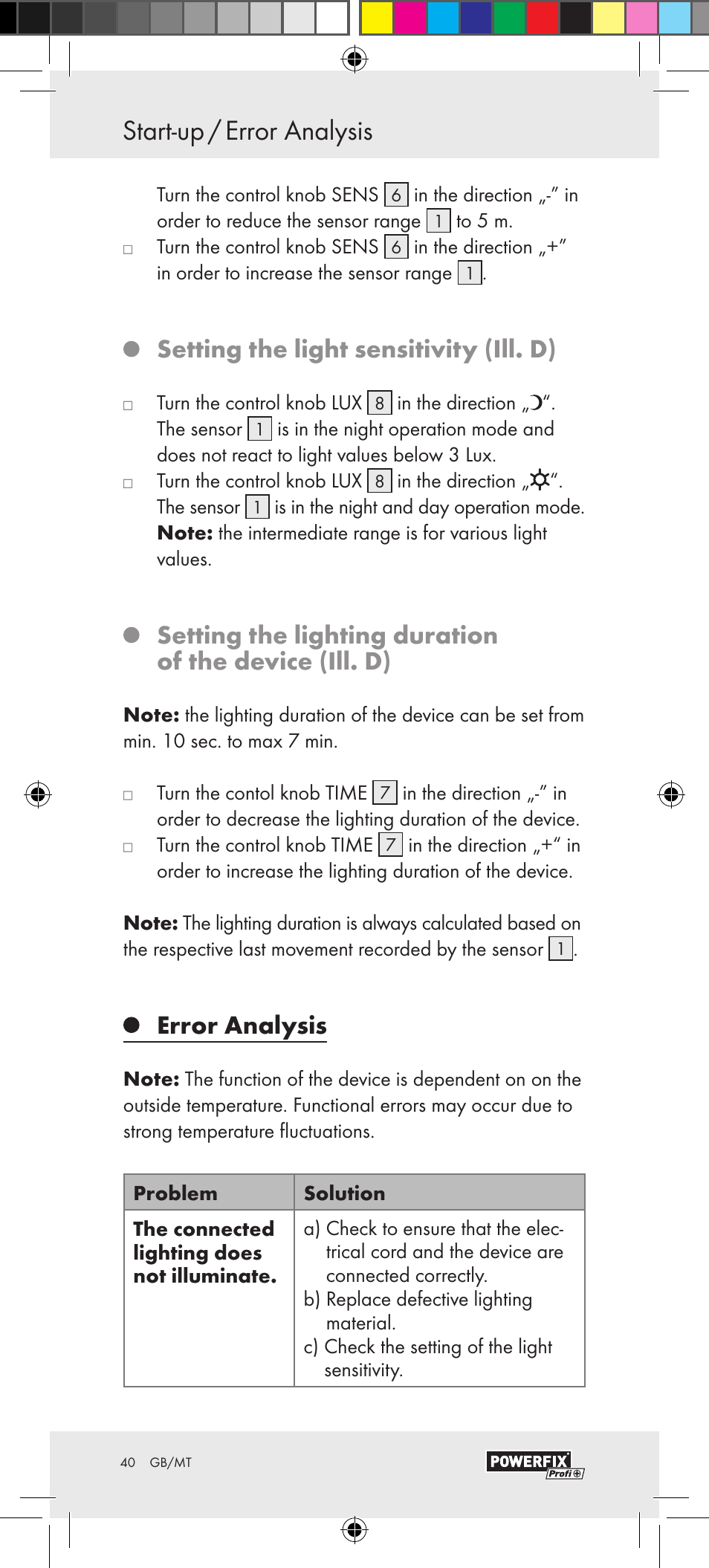 Setting the light sensitivity (ill. d), Error analysis | Powerfix Motion Sensor User Manual | Page 40 / 53