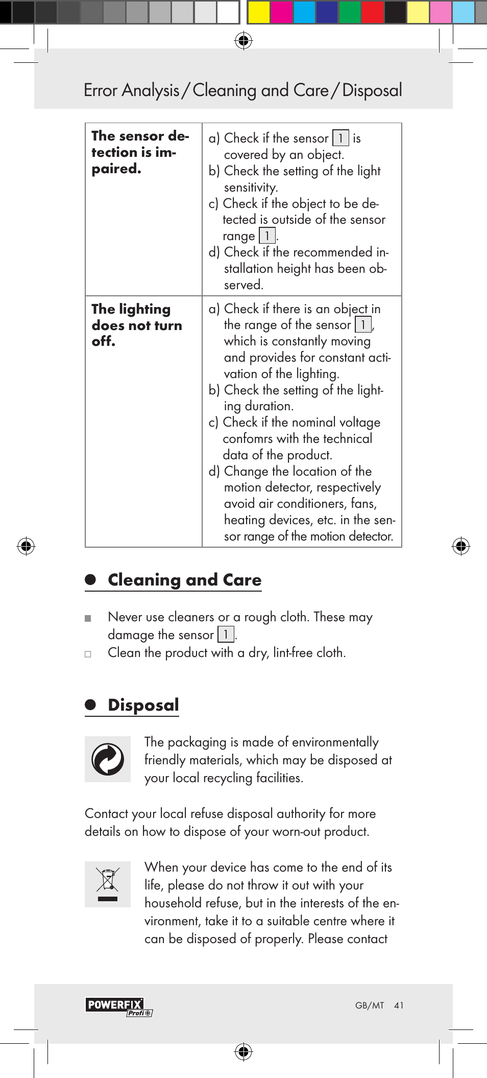 Cleaning and care, Disposal | Powerfix Motion Sensor User Manual | Page 41 / 53