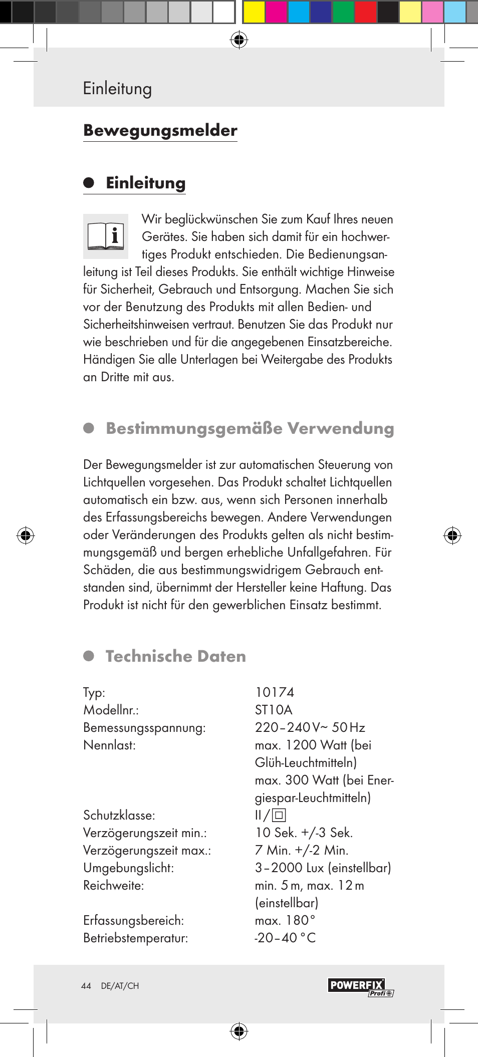 Einleitung einleitung / sicherheit, Bewegungsmelder einleitung, Bestimmungsgemäße verwendung | Technische daten | Powerfix Motion Sensor User Manual | Page 44 / 53