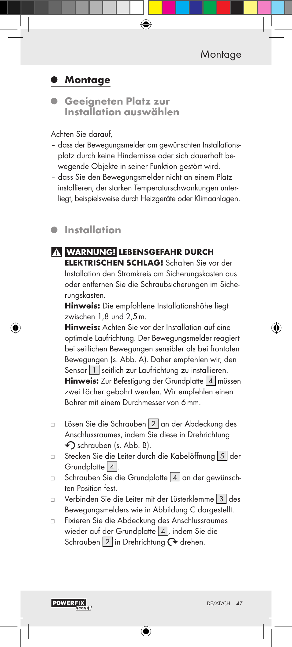 Montage sicherheit, Installation | Powerfix Motion Sensor User Manual | Page 47 / 53