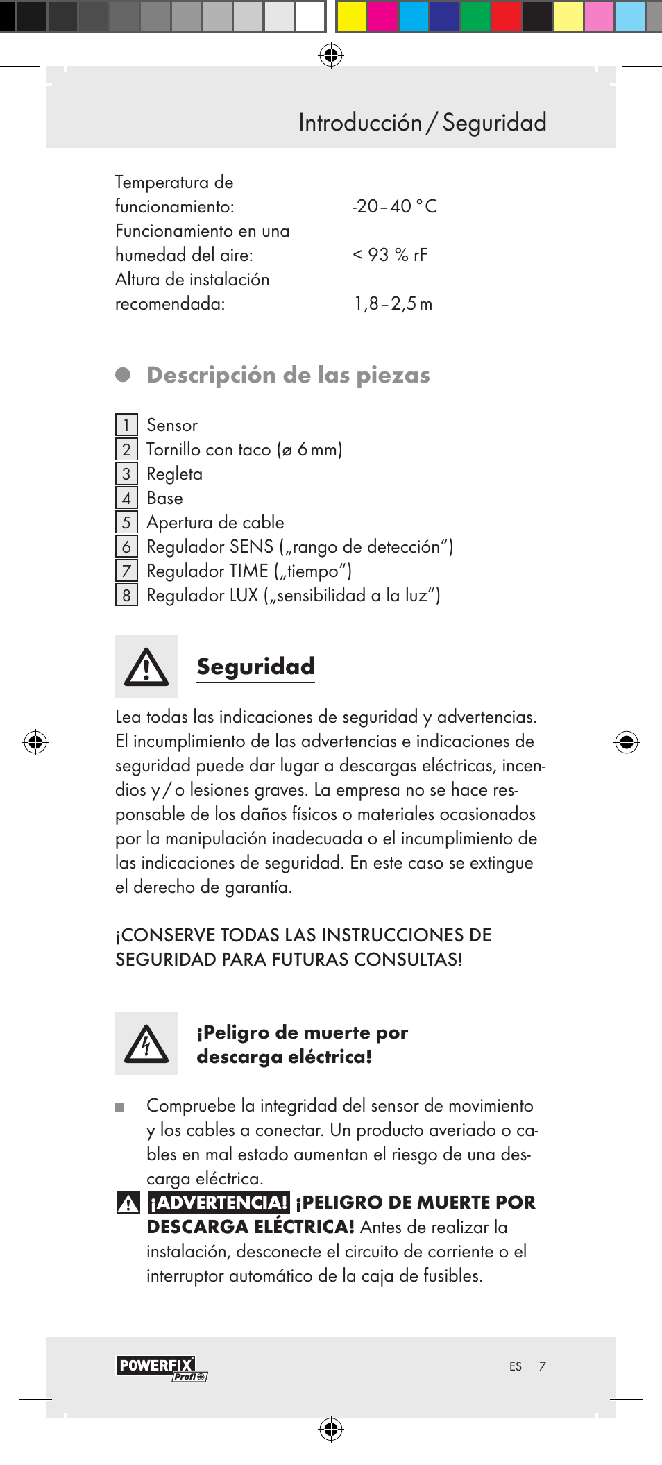 Introducción / seguridad introducción, Descripción de las piezas, Seguridad | Powerfix Motion Sensor User Manual | Page 7 / 53