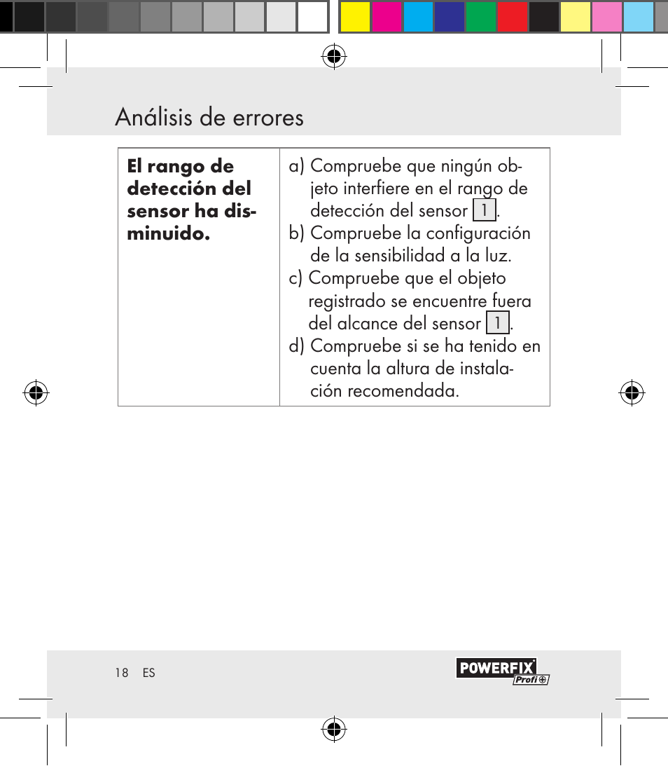 Análisis de errores | Powerfix Motion Sensor User Manual | Page 18 / 105