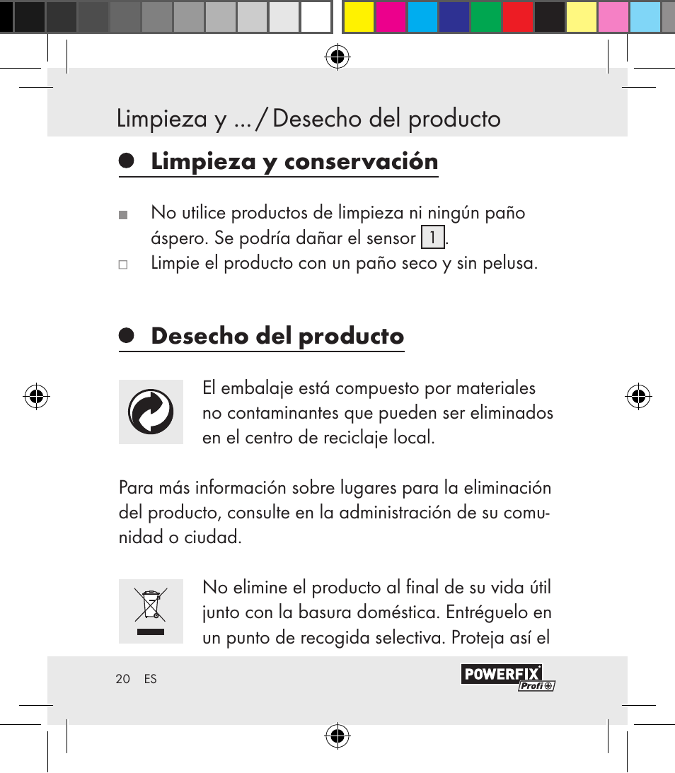 Limpieza y conservación, Desecho del producto | Powerfix Motion Sensor User Manual | Page 20 / 105