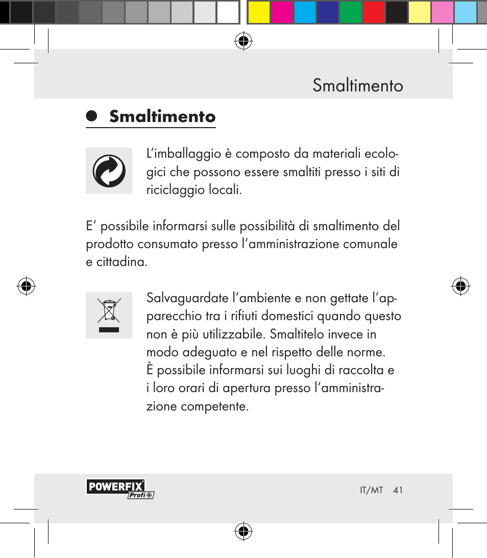 Smaltimento diagnostica dei ... / pulizia e cura, Smaltimento | Powerfix Motion Sensor User Manual | Page 41 / 105