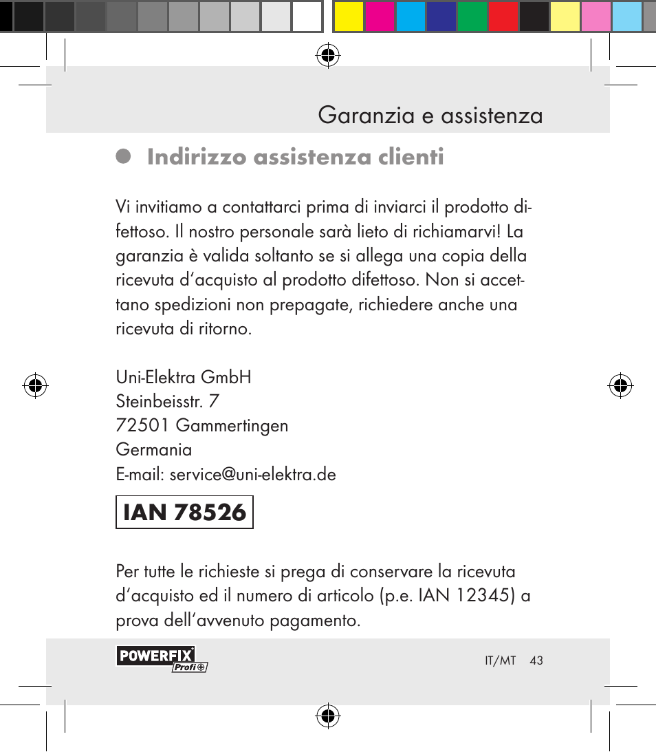 Garanzia e assistenza garanzia e assistenza, Indirizzo assistenza clienti | Powerfix Motion Sensor User Manual | Page 43 / 105