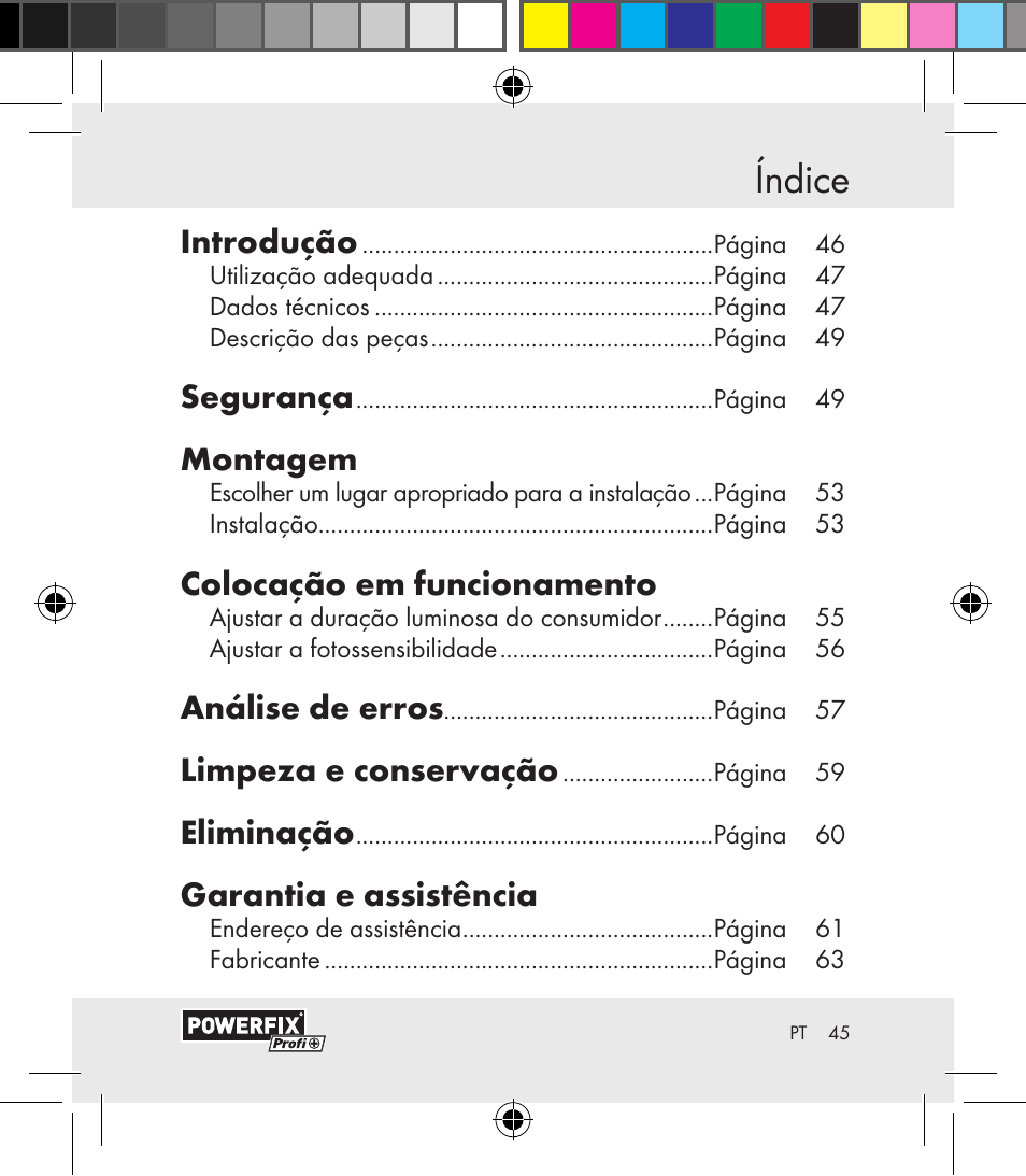 Índice garanzia e assistenza, Introdução, Segurança | Montagem, Colocação em funcionamento, Análise de erros, Limpeza e conservação, Eliminação, Garantia e assistência | Powerfix Motion Sensor User Manual | Page 45 / 105