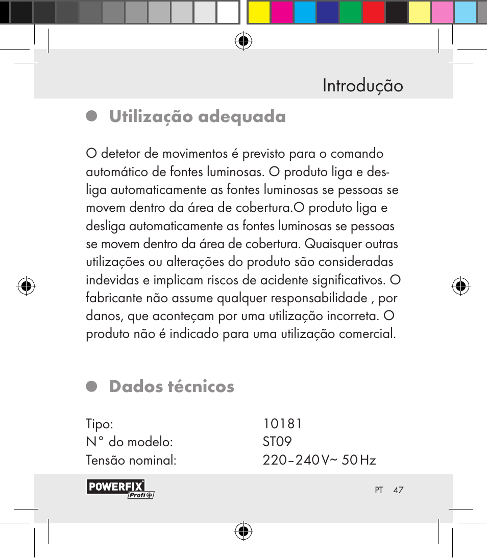 Introdução, Utilização adequada, Dados técnicos | Powerfix Motion Sensor User Manual | Page 47 / 105