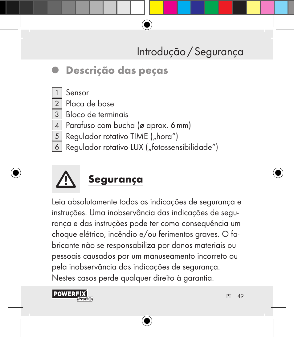 Introdução / segurança introdução, Descrição das peças, Segurança | Powerfix Motion Sensor User Manual | Page 49 / 105