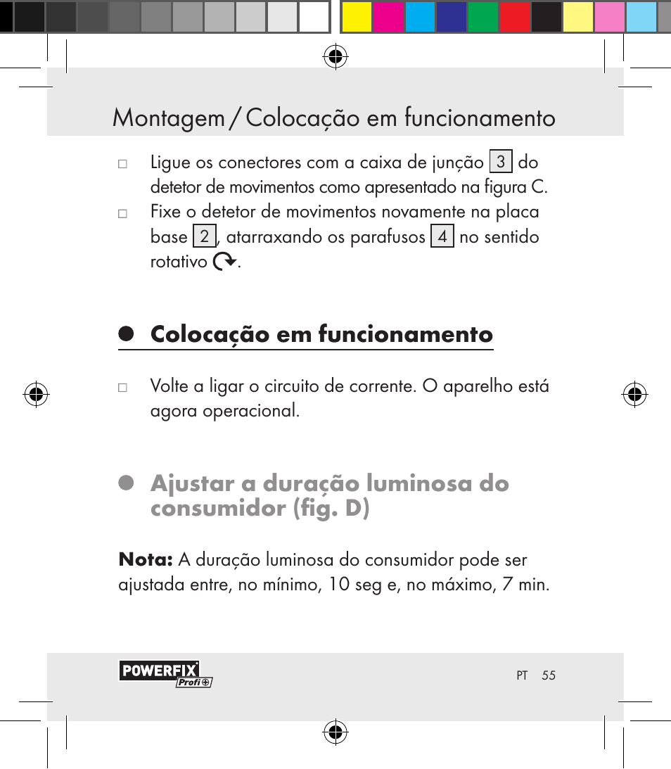 Montagem / colocação em funcionamento montagem, Colocação em funcionamento, Ajustar a duração luminosa do consumidor (fig. d) | Powerfix Motion Sensor User Manual | Page 55 / 105