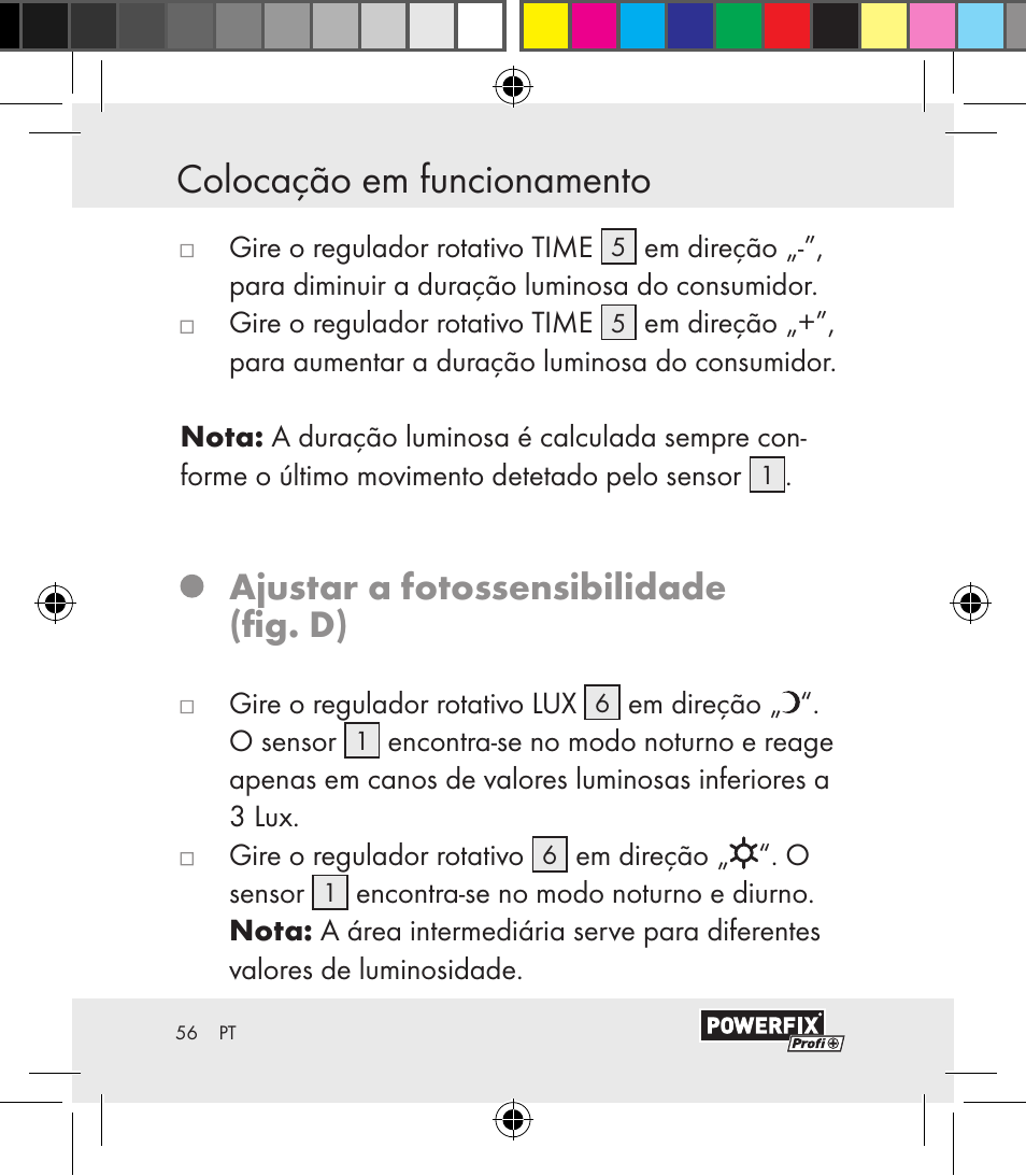 Análise de erros colocação em funcionamento, Ajustar a fotossensibilidade (fig. d) | Powerfix Motion Sensor User Manual | Page 56 / 105