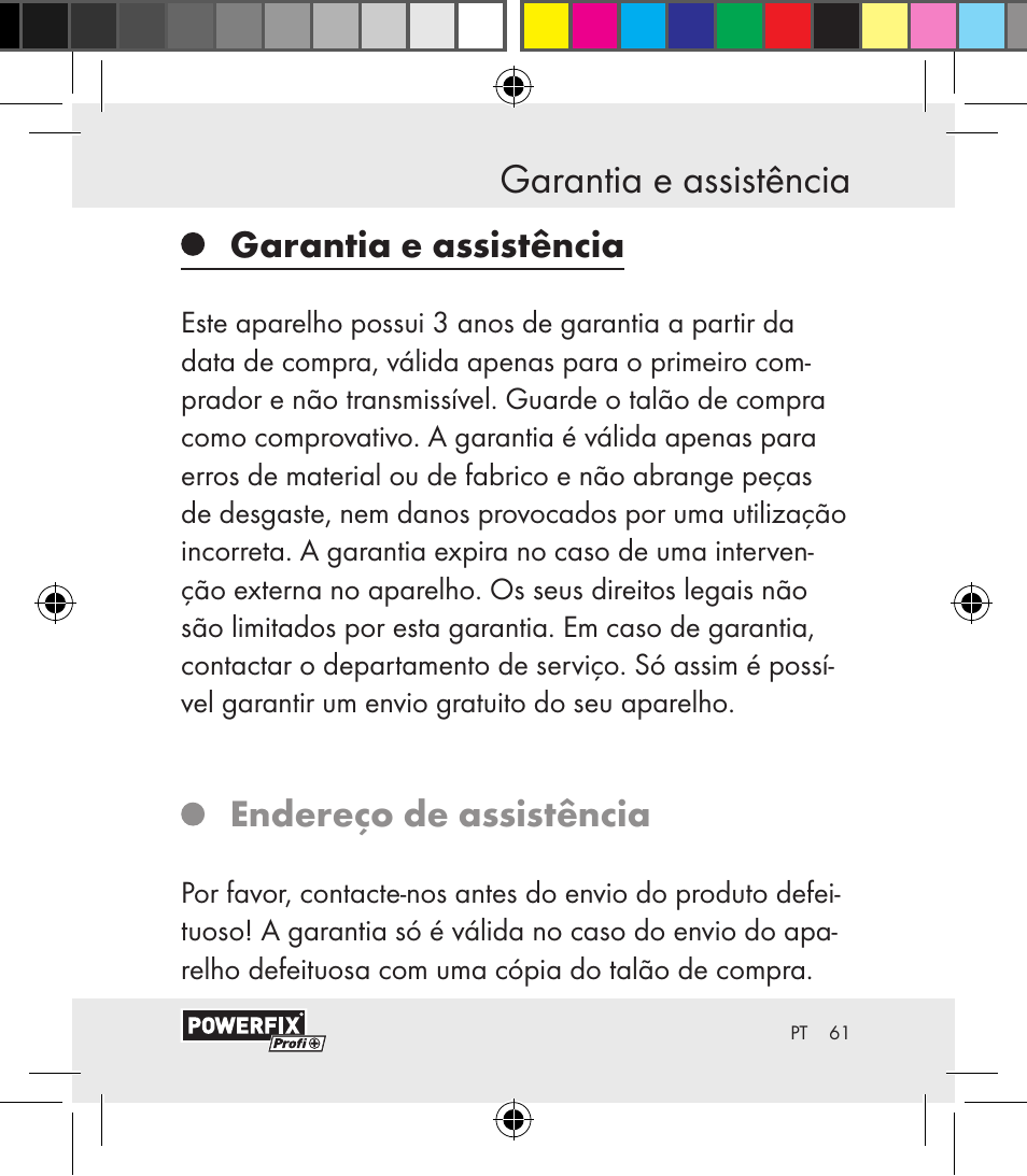 Garantia e assistência eliminação, Garantia e assistência, Endereço de assistência | Powerfix Motion Sensor User Manual | Page 61 / 105