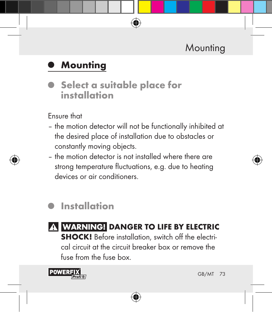 Mounting safety, Mounting select a suitable place for installation, Installation | Powerfix Motion Sensor User Manual | Page 73 / 105