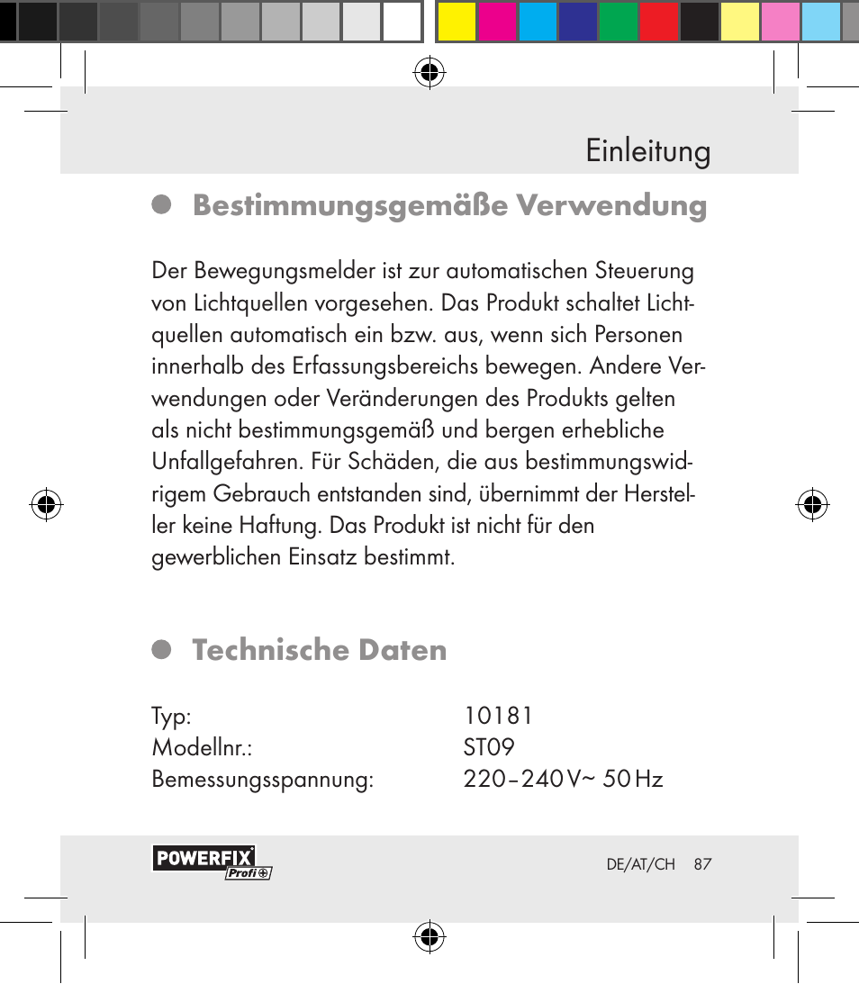 Einleitung, Bestimmungsgemäße verwendung, Technische daten | Powerfix Motion Sensor User Manual | Page 87 / 105