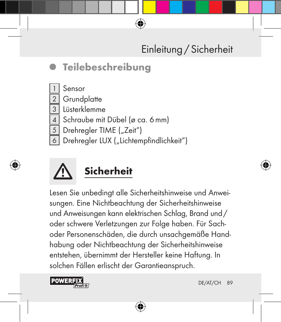 Einleitung / sicherheit einleitung, Teilebeschreibung, Sicherheit | Powerfix Motion Sensor User Manual | Page 89 / 105