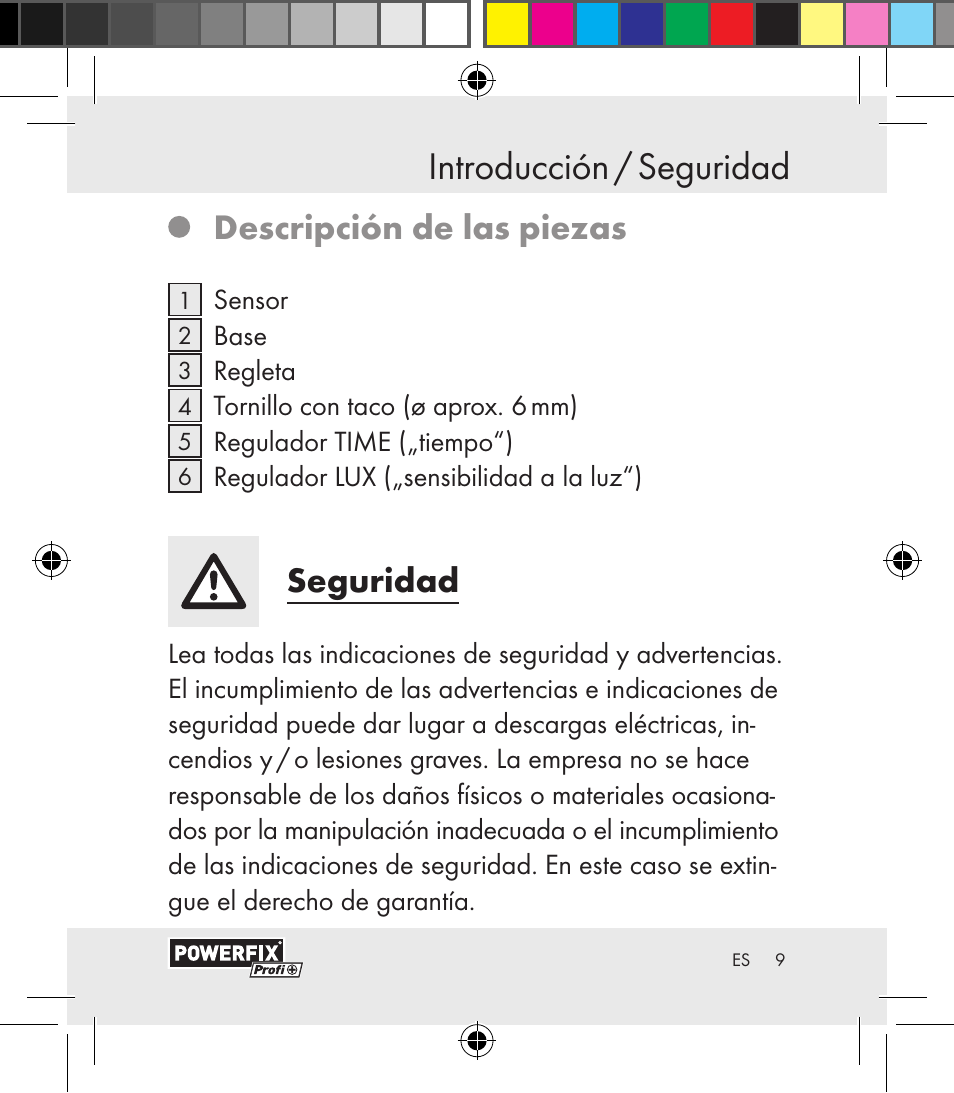 Introducción / seguridad introducción, Descripción de las piezas, Seguridad | Powerfix Motion Sensor User Manual | Page 9 / 105