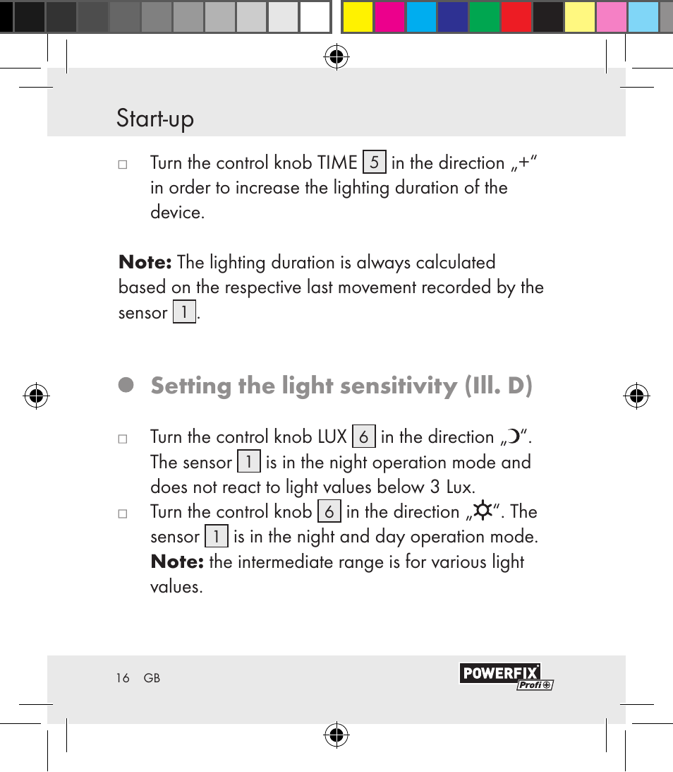 Error analysis start-up, Setting the light sensitivity (ill. d) | Powerfix Motion Sensor User Manual | Page 16 / 65