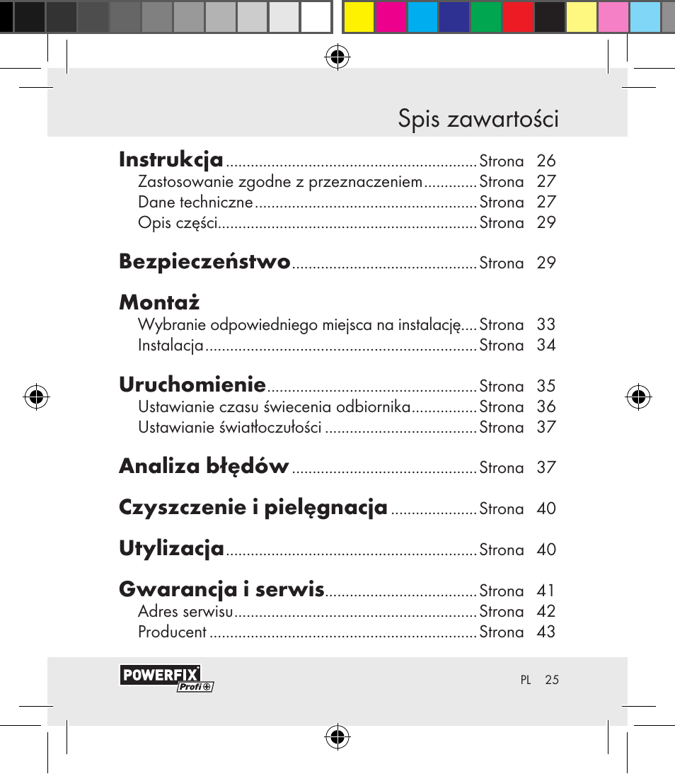 Spis zawartości, Instrukcja, Bezpieczeństwo | Montaż, Uruchomienie, Analiza błędów, Czyszczenie i pielęgnacja, Utylizacja, Gwarancja i serwis | Powerfix Motion Sensor User Manual | Page 25 / 65