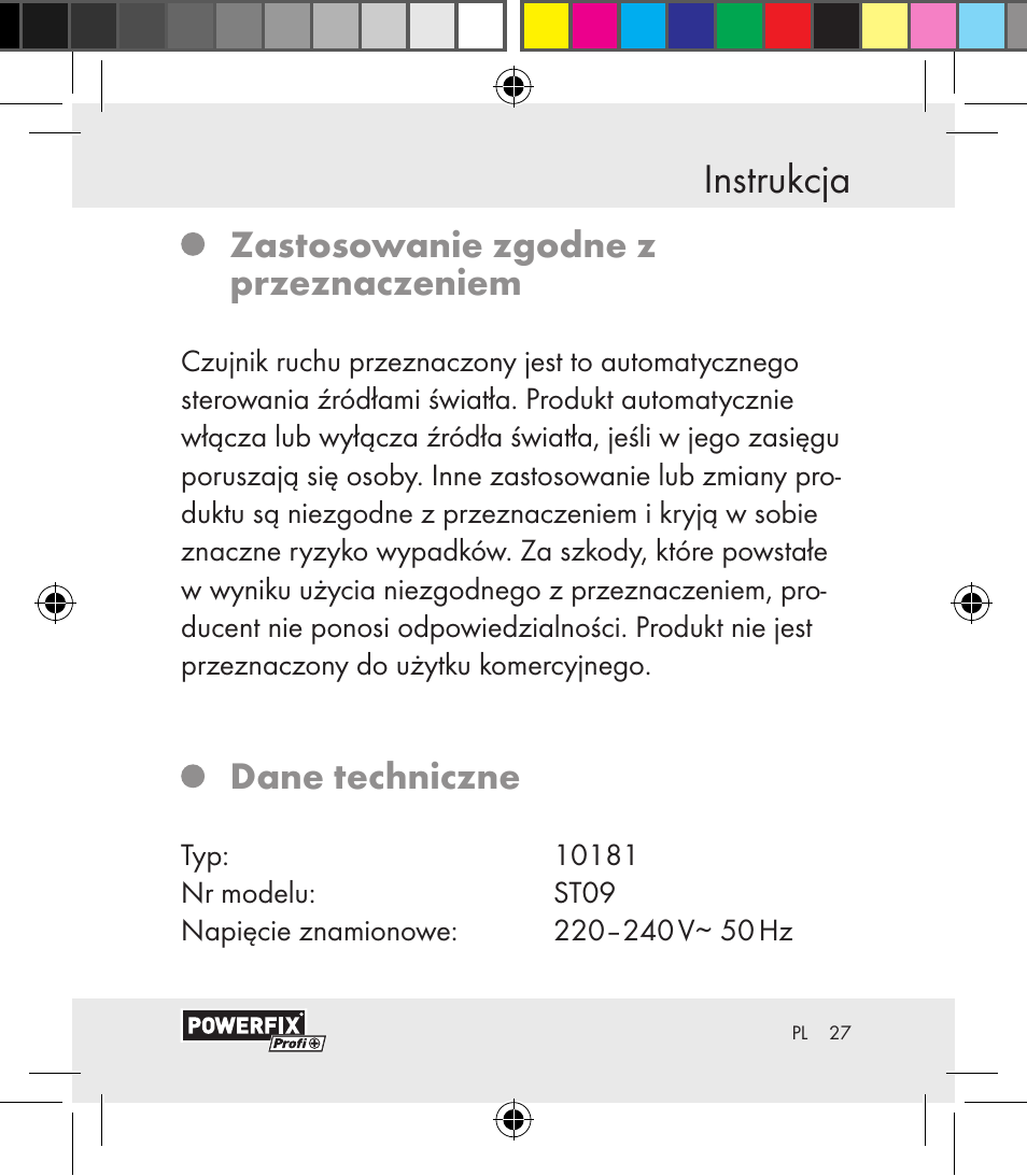 Instrukcja, Zastosowanie zgodne z przeznaczeniem, Dane techniczne | Powerfix Motion Sensor User Manual | Page 27 / 65