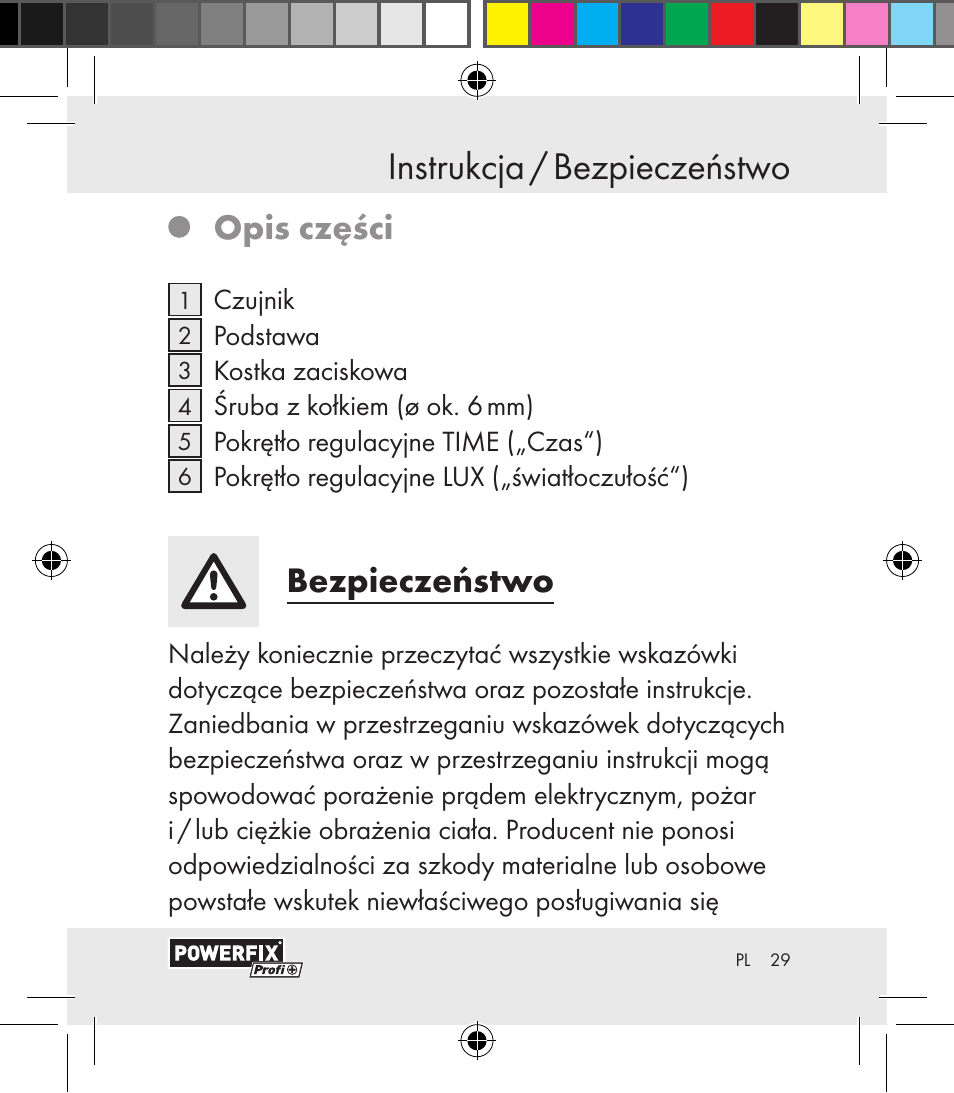 Instrukcja / bezpieczeństwo instrukcja, Opis części, Bezpieczeństwo | Powerfix Motion Sensor User Manual | Page 29 / 65