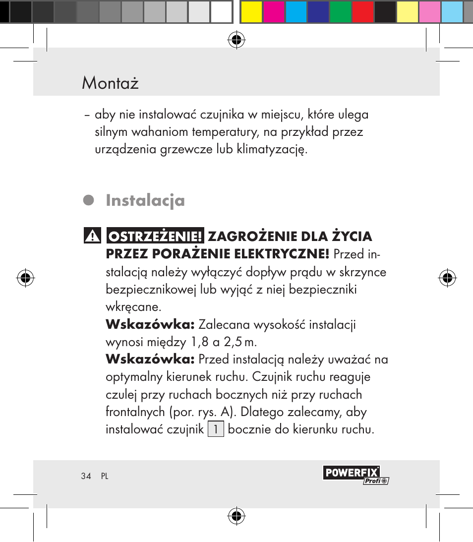 Montaż / uruchomienie montaż, Instalacja | Powerfix Motion Sensor User Manual | Page 34 / 65