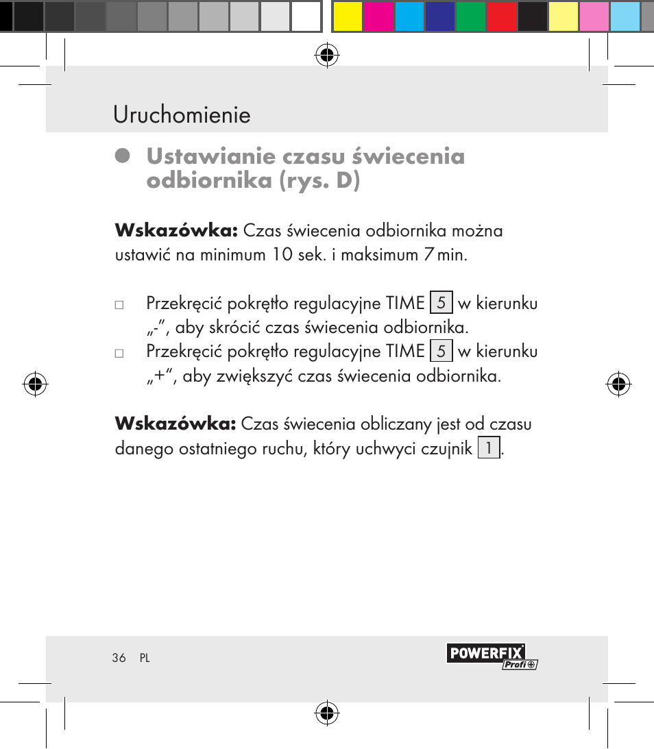 Uruchomienie / analiza błędów uruchomienie, Ustawianie czasu świecenia odbiornika (rys. d) | Powerfix Motion Sensor User Manual | Page 36 / 65