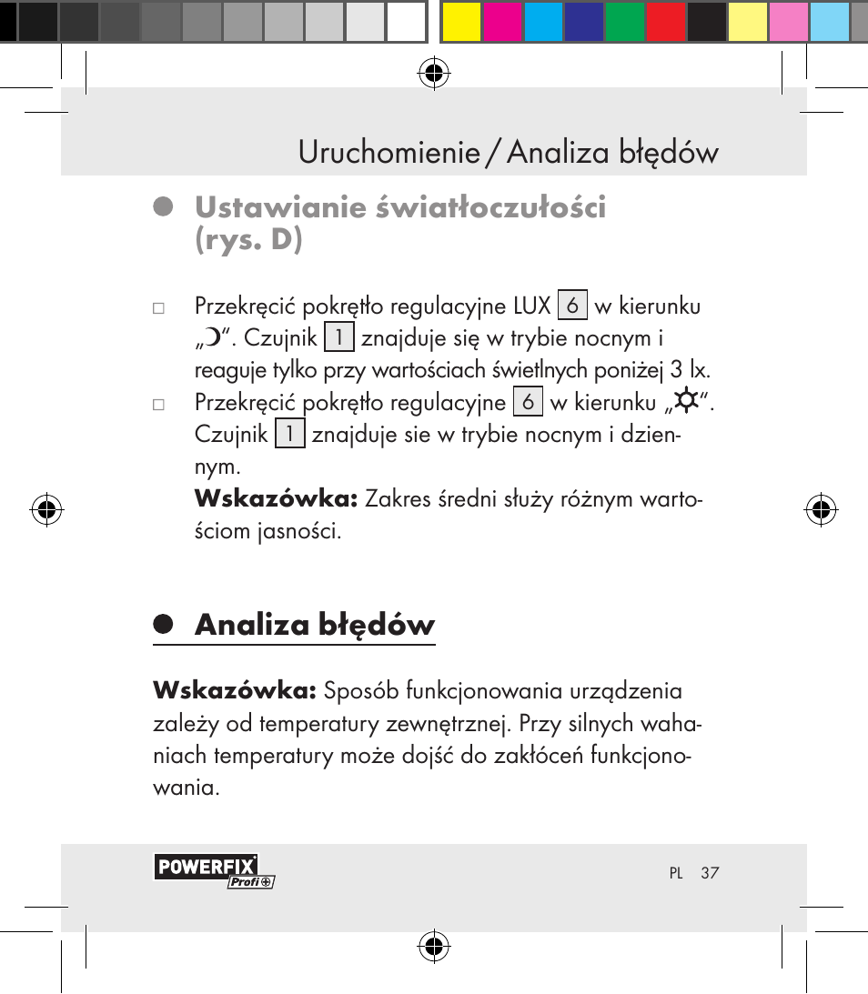 Uruchomienie / analiza błędów uruchomienie, Ustawianie światłoczułości (rys. d), Analiza błędów | Powerfix Motion Sensor User Manual | Page 37 / 65